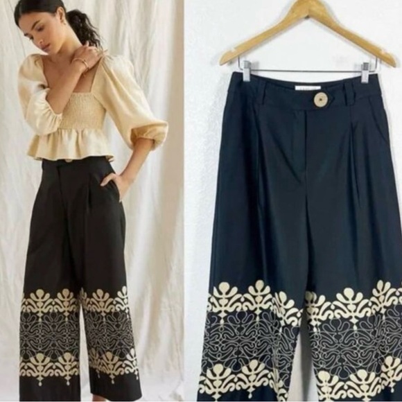Anthropologie Pants - Exquisite Anthropologie Embroidered Black Wide Leg Pants XL. Fits Like Size L